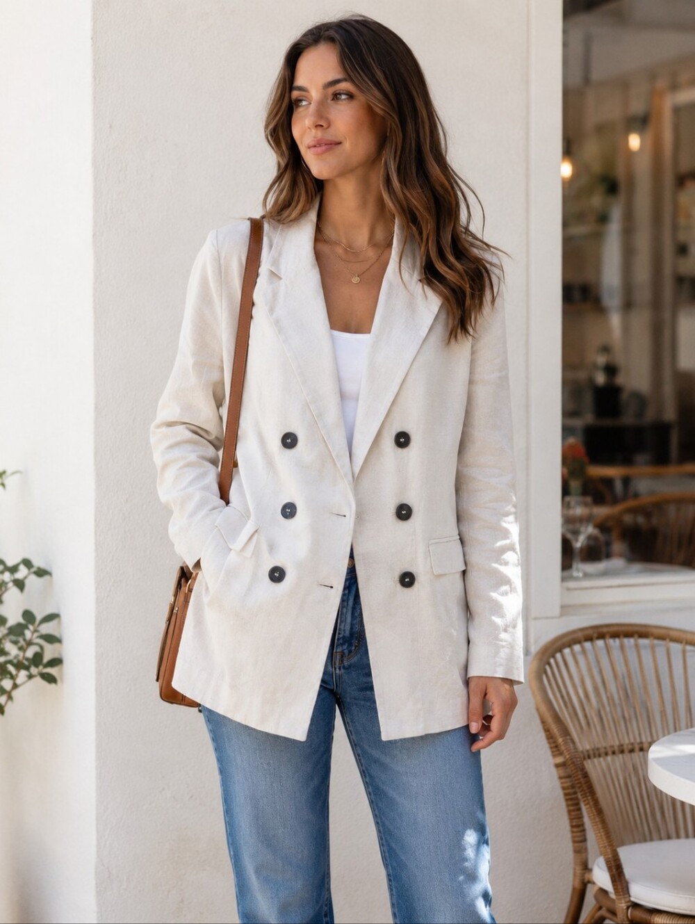 Linen Blend Double Breasted Longline Blazer Ivory MNG Mango Size 4